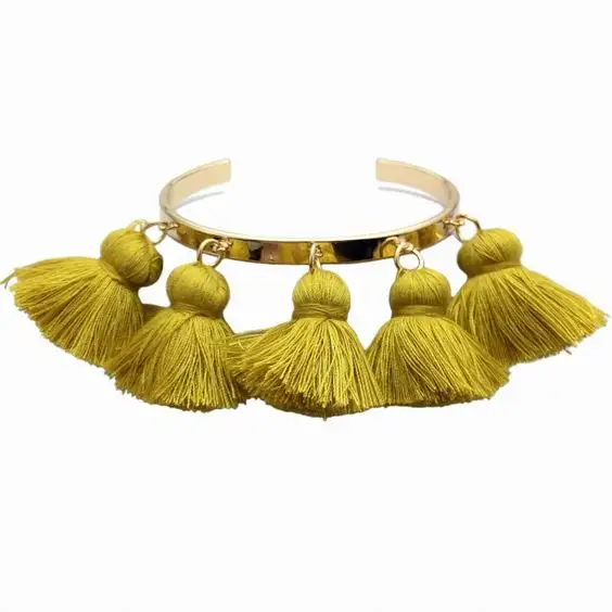 

HANSIDON Elegant Bohemia Cotton Thread Tassel Charm Bracelets For Women Opened Cuff Bangles Wrap Manchette Jewelry Wholesale, Yellow;red;black;pink