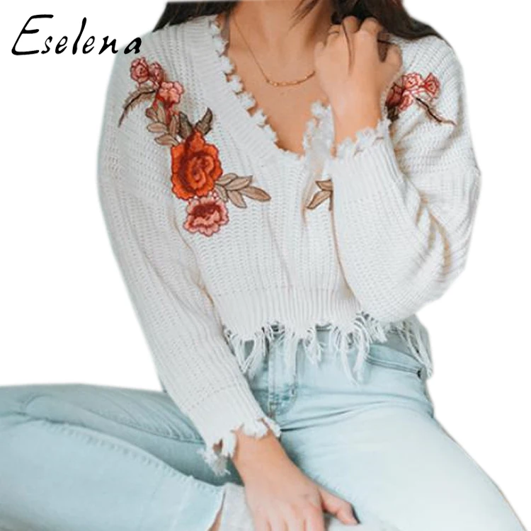 

wholesale OEM custom Chinese style embroidered sweater top fashion women sexy low-cut v-neck fringed sweater