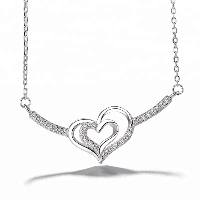 

Elegant Jewelry 925 Sterling Silver CZ Double Heart Necklace, As customer request