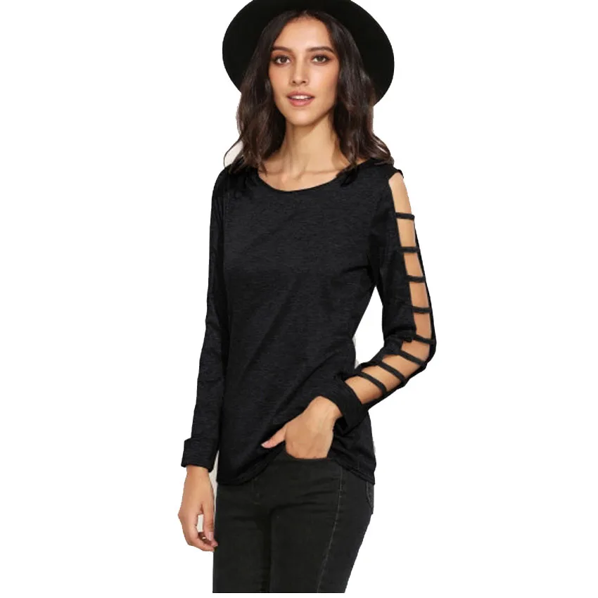 

New Design Manufacture Long Sleeve Sexy Hollow Out Belt Women Slim Blank T Shirt, Black;purplish red