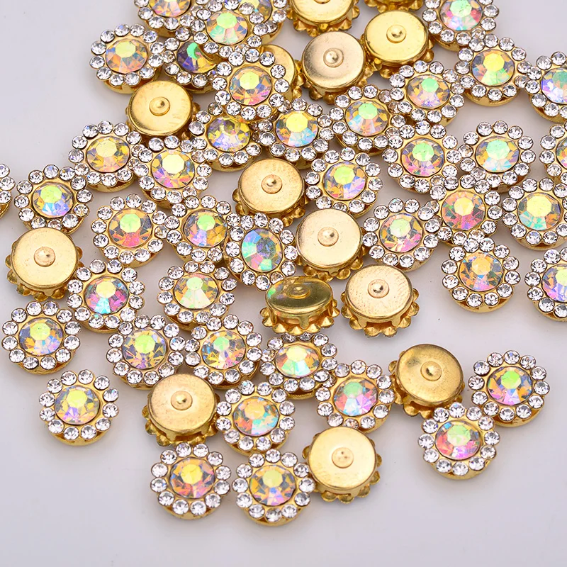 

8 10 12mm Sew On Glass AB Crystals Gold Flower Rhinestone Applique Sewing Claw Crystal Stones for DIY Needlework Clothes