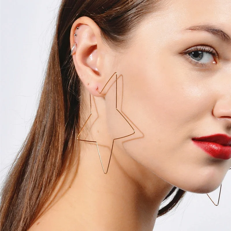 

2019 Fashion Large Geometry Hollow Heart Star Circle Wire Hoop Earrings For Women Boutique Punk Jewelry Wholesale Amazon, Golden