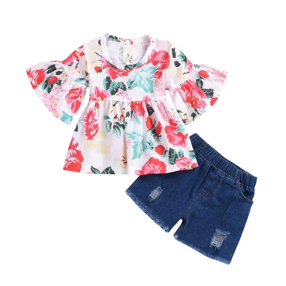 

2 Pieces Toddler Kids Baby Girl Clothes Set Floral Flare Sleeve T shirt Tops+Shorts Denim Pants Jeans Summer Clothing SET, As picture