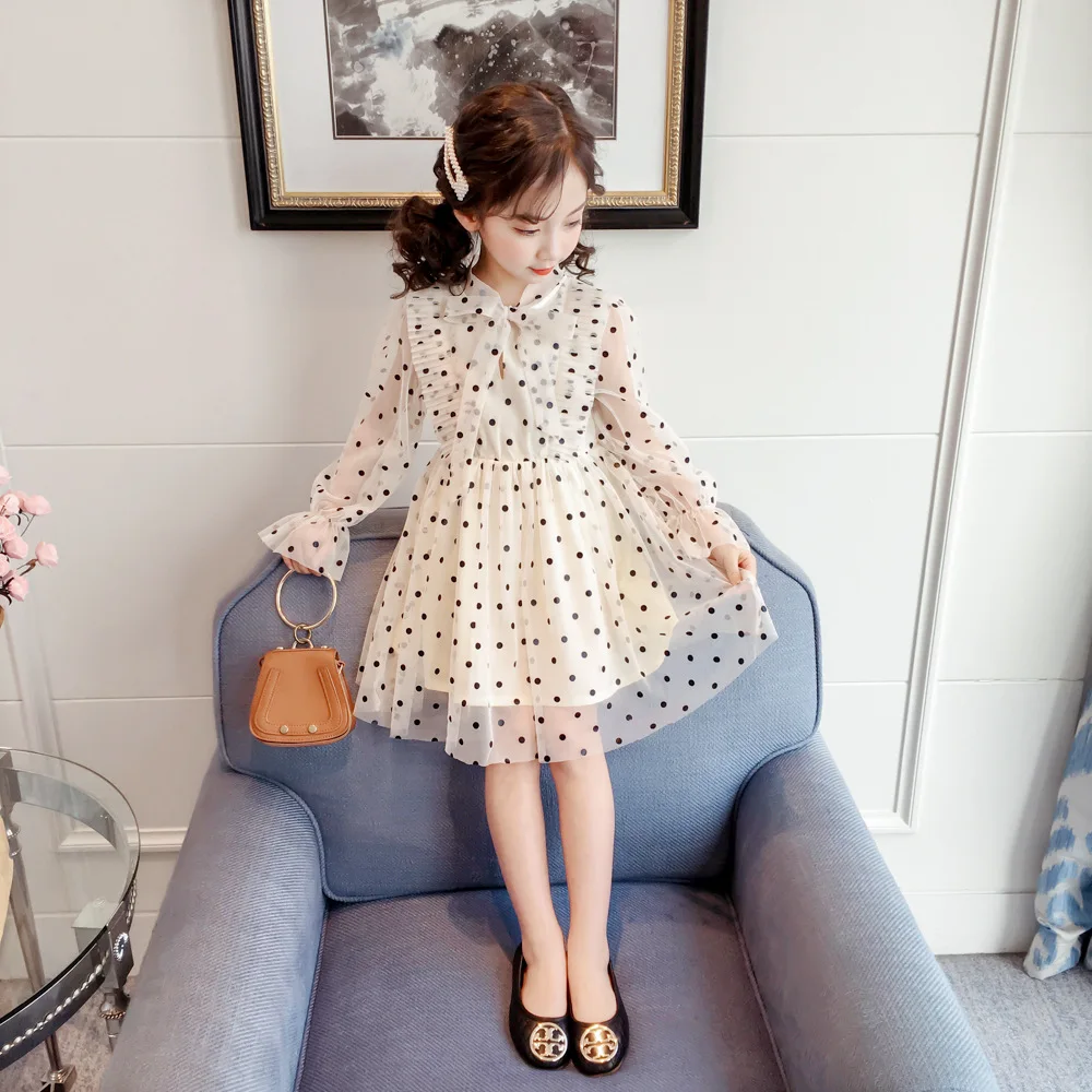 

Latest Style Little Girl Dress Spring Children Princess Dress White Polka Dot Chiffon Dress, Beige