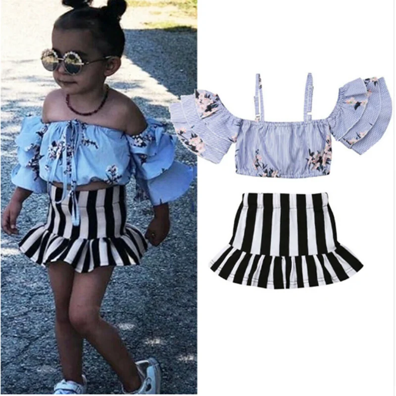 Girl Clothes Floral Off The Shoulder Types Of Cultures Ribbon Skirts Tarja 2 Pcs Outfits Baby Of The Kids Girls Summer Clothes