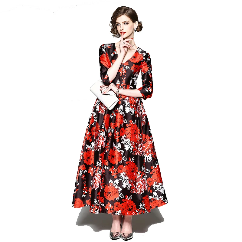 

Wholesale In-stock New Women Spring A-Line V Neck Dress Vintage Floral Print Umbrella Dress, Red printed