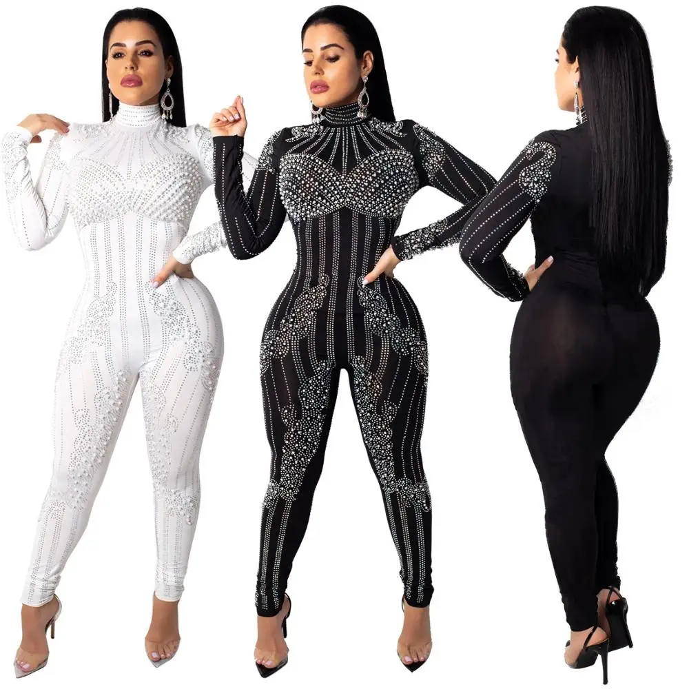 FM-Q184 Long Sleeves Bodycon night club See through Ladies Rhinestone Sexy BlackJumpsuits Wholesale