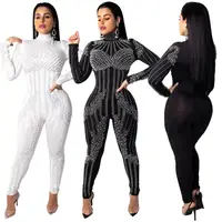 

FM-Q184 Long Sleeves Bodycon night club See through Ladies Rhinestone Sexy BlackJumpsuits Wholesale
