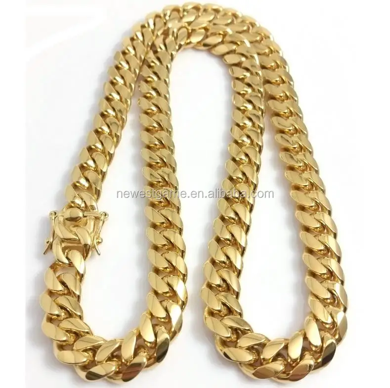 

12mm men Stainless Steel Jewelry 24K Gold Filled Plated High Polished Cuban Link Necklace For Men Punk Curb Chain Dragon-Beard