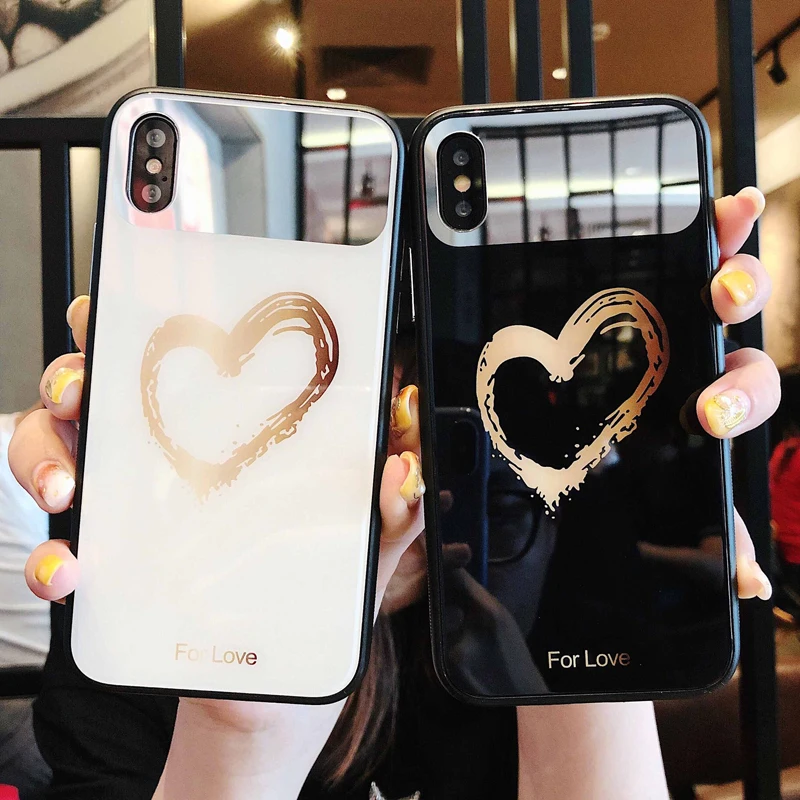 

Fashion Mirror Tempered Glass Phone Case For iPhone XS Max XR X Love Heart Back Cover iPhone 7 8 Plus 6 6s Plus Case Coque XR