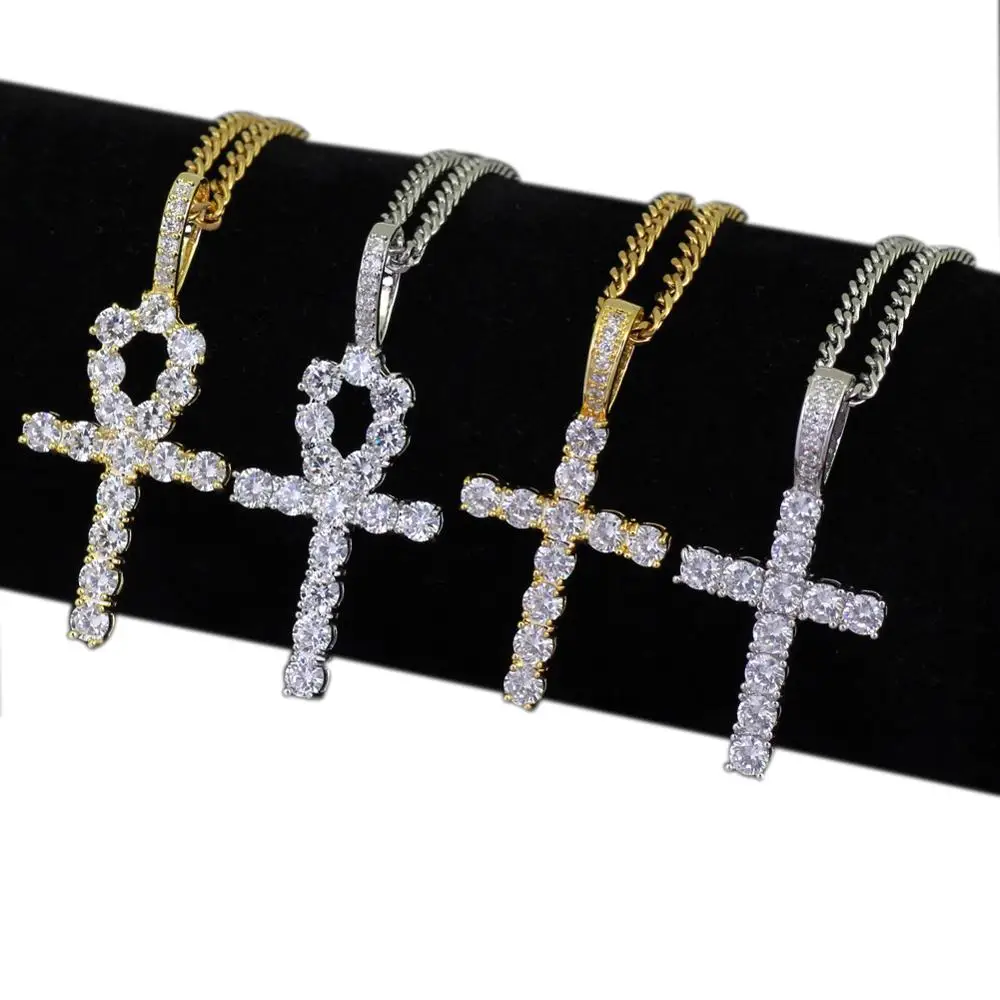 

Hot Sale Classic 18K Gold Silver Iced Out Diamond Small Jesus Ankh Cross Pendant Cubic Zirconia Necklace, Gold/silver/rose gold