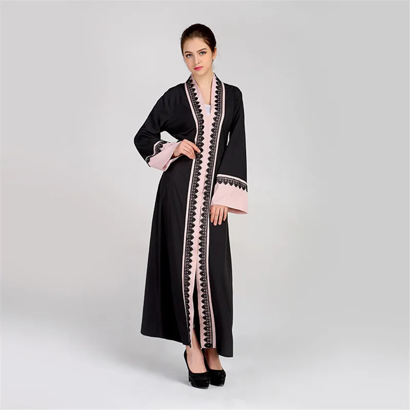 

A3342 Women's Elegant Long Sleeve Kimono Muslim Islamic Maxi Open Front Doha Abaya with Floral Border, As main picture show
