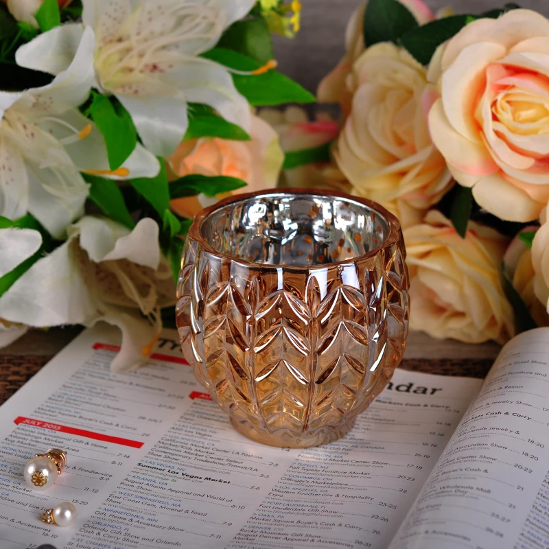 Wholesales brown silver glass candle holders leaves pattern home decoration
