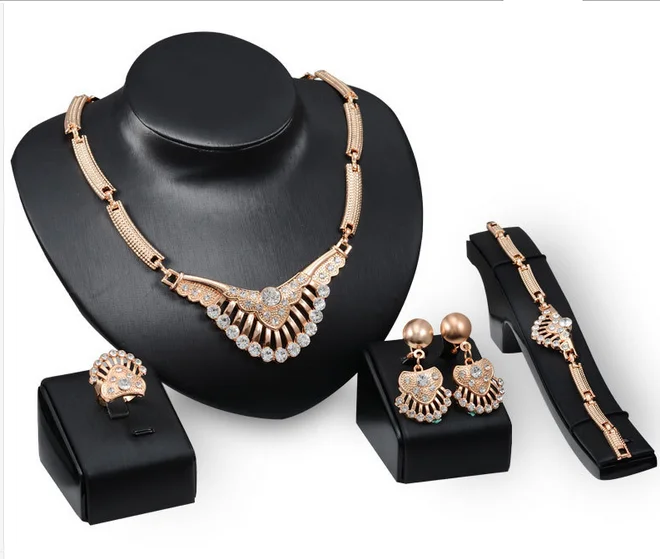 

Gold Fan-shaped Flower Shape Pattern Women Wedding Party Flower Pendant Necklace Ring Earrings Bracelet Sets