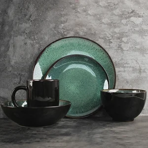 Image of European simple ceramic tableware set peacock pattern gemstone green dish plate soup bowl home pasta dish