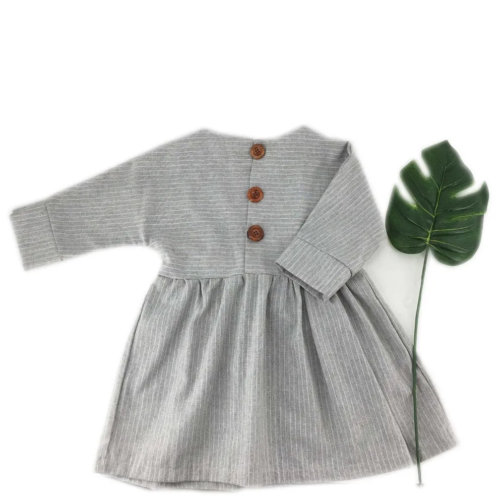 Boutique Children's Clothing Stripes Linen Fabric Baby Girl Dresses Oem