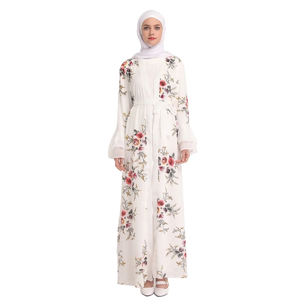

Fashion printing dubai front open abaya heavy chiffon flare sleeves open abaya, Black,pink, white