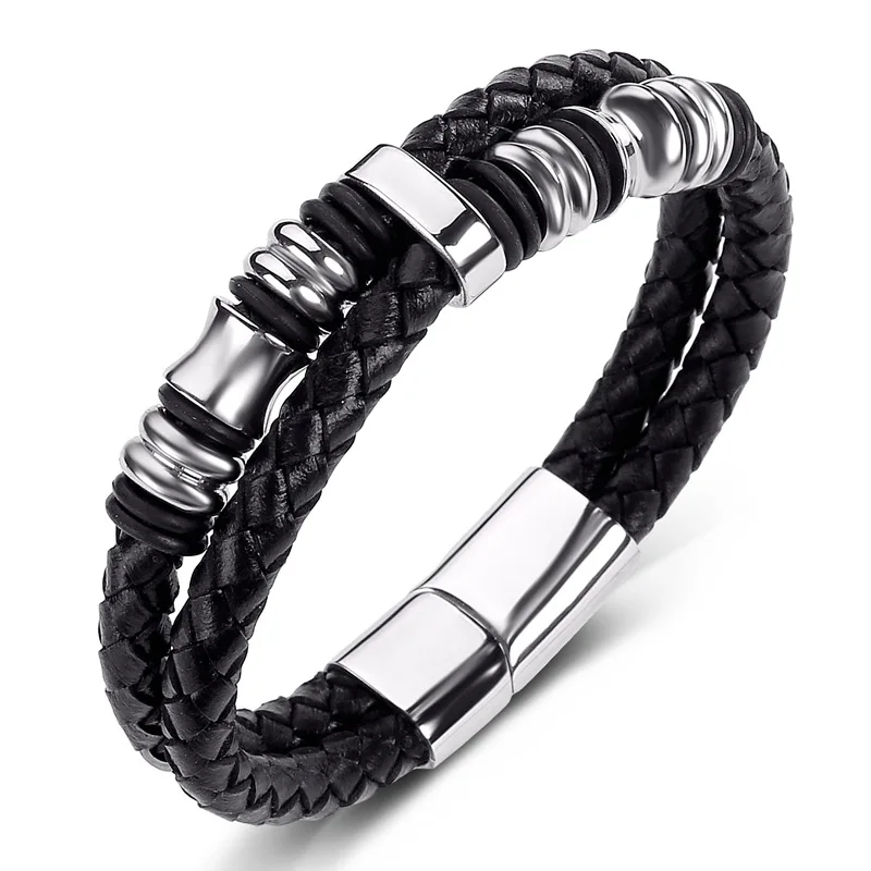 

Fashion String Strand Real Genuine Leather Bracelet High Quality Stainless Steel Bracelet Punk Bracelet Jewelry For Men, Customized color