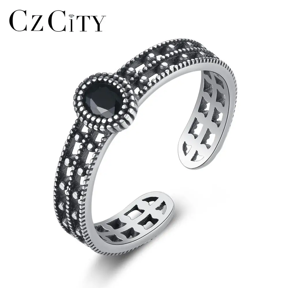 

CZCITY Black CZ Minimalist Style Engagement Adjustable Diamond Black Gold Stone Oval Eternity Ring