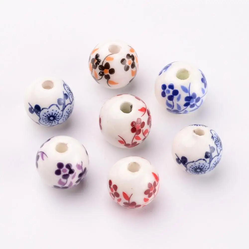 

Pandahall 12mm Ceramic Clay Round Flower Printed Porcelain Beads