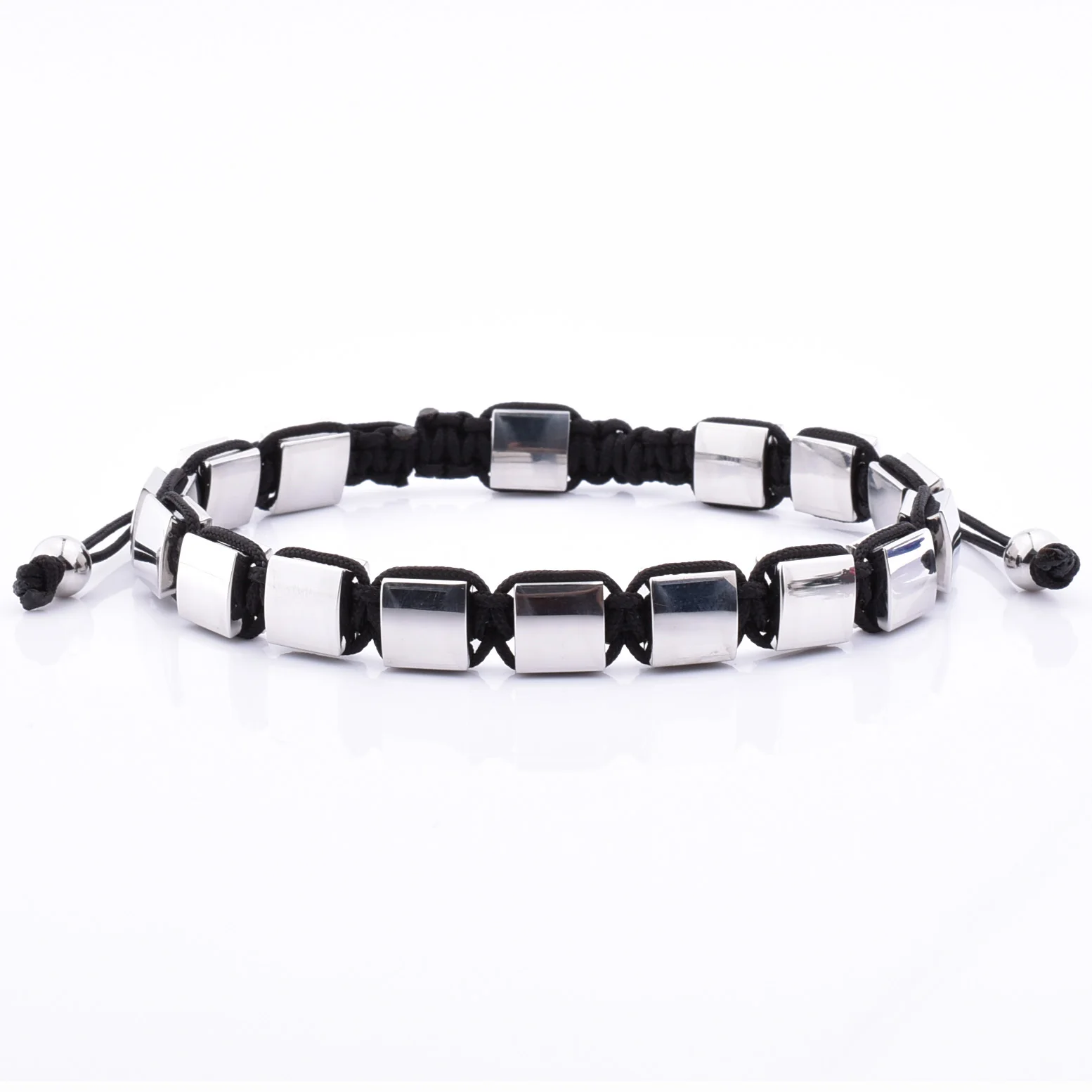 

Classic Men Beaded Custom Silver Square Charm Stainless Steel Bead Braided Bracelet