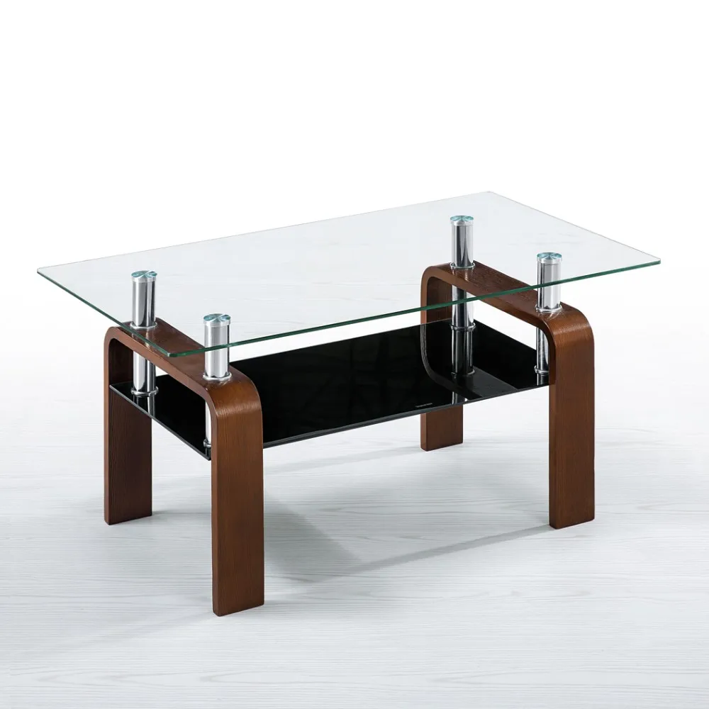 tempered glass coffee table with wood legs design