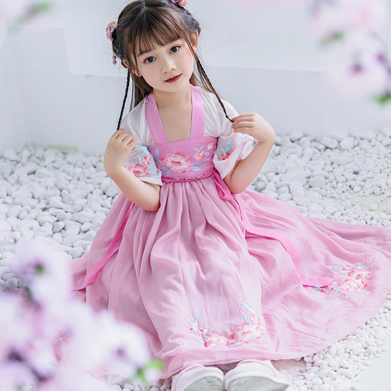 
Traditional Chinese Clothing Kids Embroidery Skirt 2 Piece Set Girls Hanfu Dress Tang Suit 