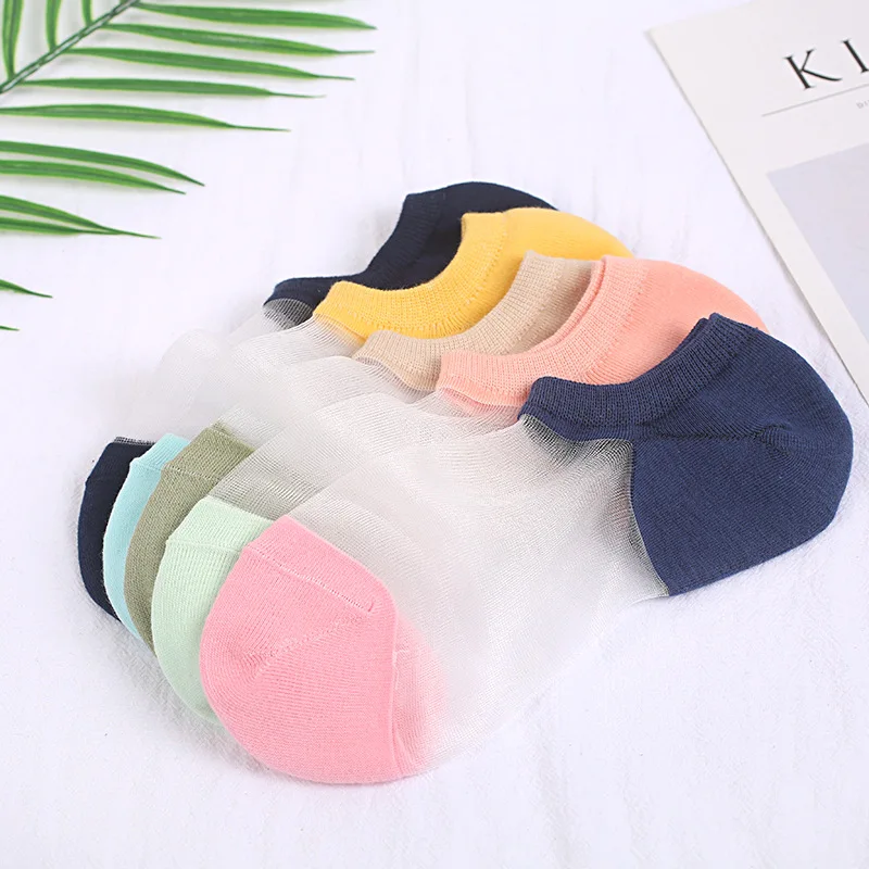 

Hot sell Japanese lady summer glass short boat socks girls low cut socks transparent crystal stockings, Pink/green/blue/navy/black/grayblack