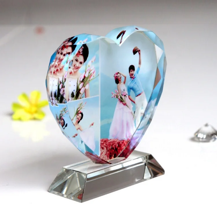 
wholesale blank crystal glass photo frame custom 3d Heart Shape Crystal Photo Frame for Home Decoration 