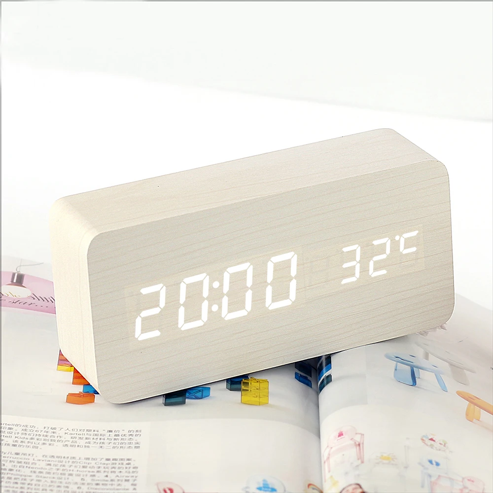 

Smart voice control digital light clock White wood shell white led light alarm clock wooden big LED display alarm clock