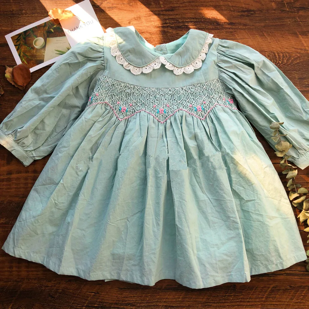 

princess smocked dress long sleeve peter pan collar children clothes wholesale baby frock autumn ready made