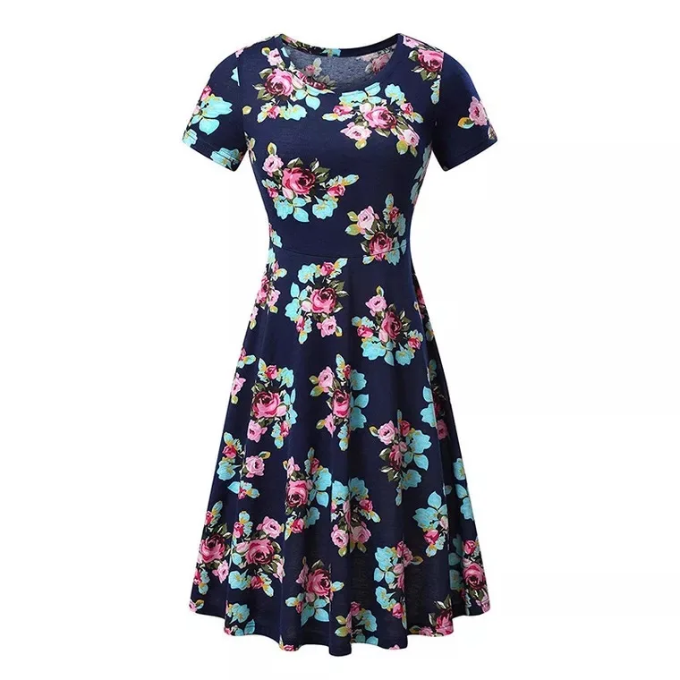 

Women Short Sleeve Round Neck Summer Casual Flared Midi Dress, Customized color