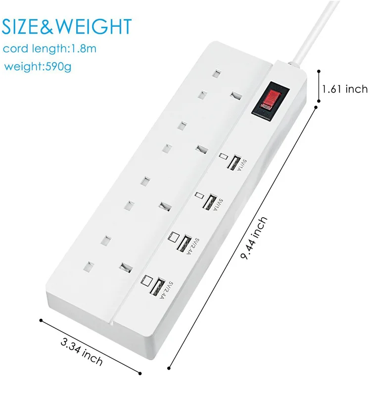 Uk Extension Lead Power Strip With Usb 4 Way Outlets 4 Usb Ports