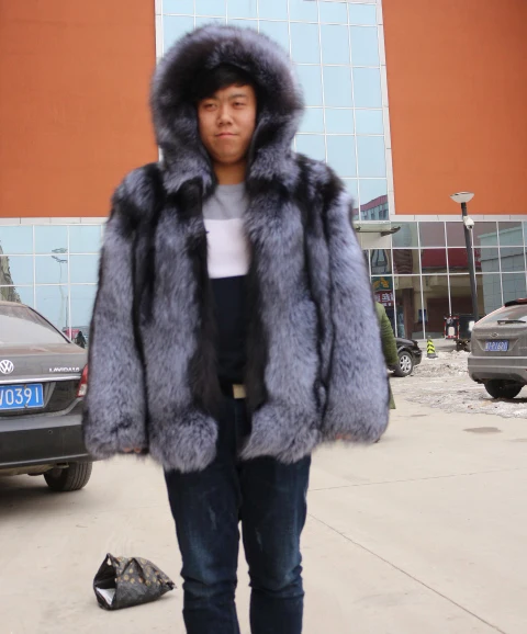 

Big size hooded silver fox fur coat for men, Natural color