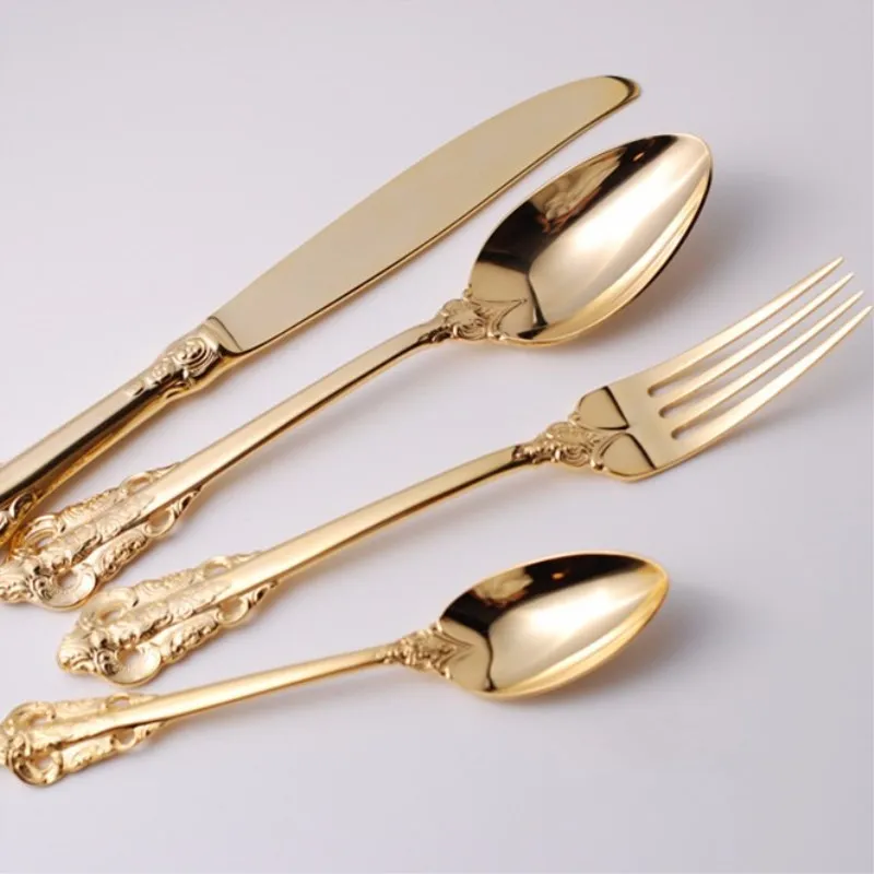 

Elegant Royal 5 star hotel Mirror Polishing Metal Gold Plated Wedding Cutlery Set