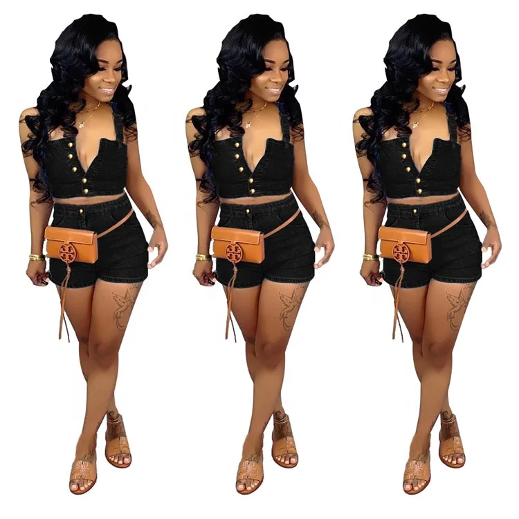 

2019 hot sell 4 colors women clothing spaghetti strap crop top denim jeans bodycon two Piece Outfits 2 Piece short Set