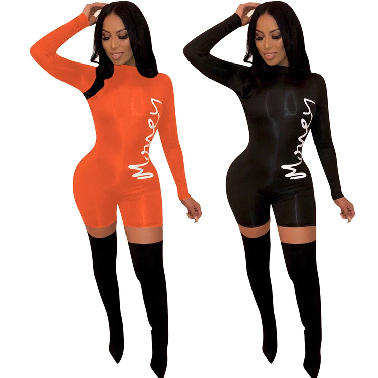 2019 New Arrivals Fashion Women Casual Stand Neck Back Zipper Long Sleeve Short Pants Letter Printed Skinny Jumpsuit