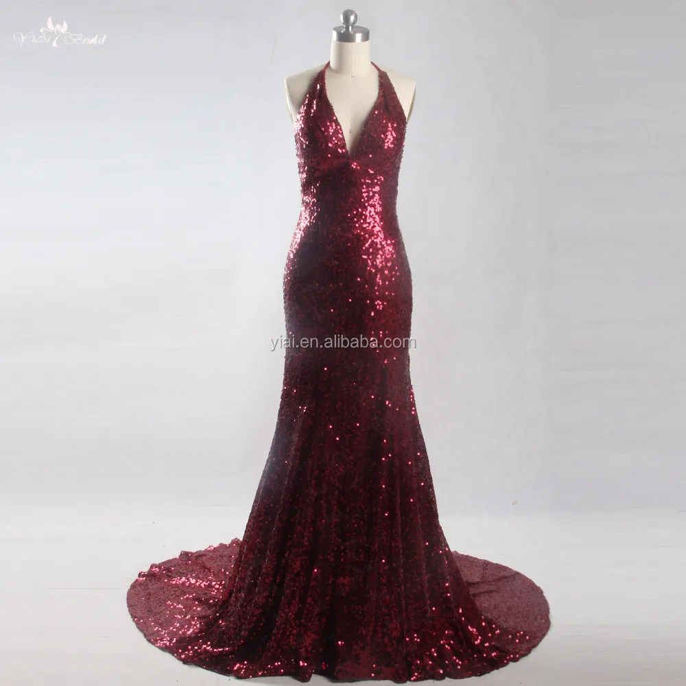 

LZF037 Real Photos Long Mermaid Evening Dress Halter Spaghetti Straps Claret Sequin Dresses Sexy Evening Party Gowns