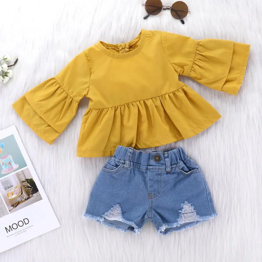 

2 Piece Set Toddler Girl Summer Outfit Yellow Flare Sleeve Ruffle Top and Distressed Denim Shorts Set for Kids Girl 1-4 Years, Yellow blue