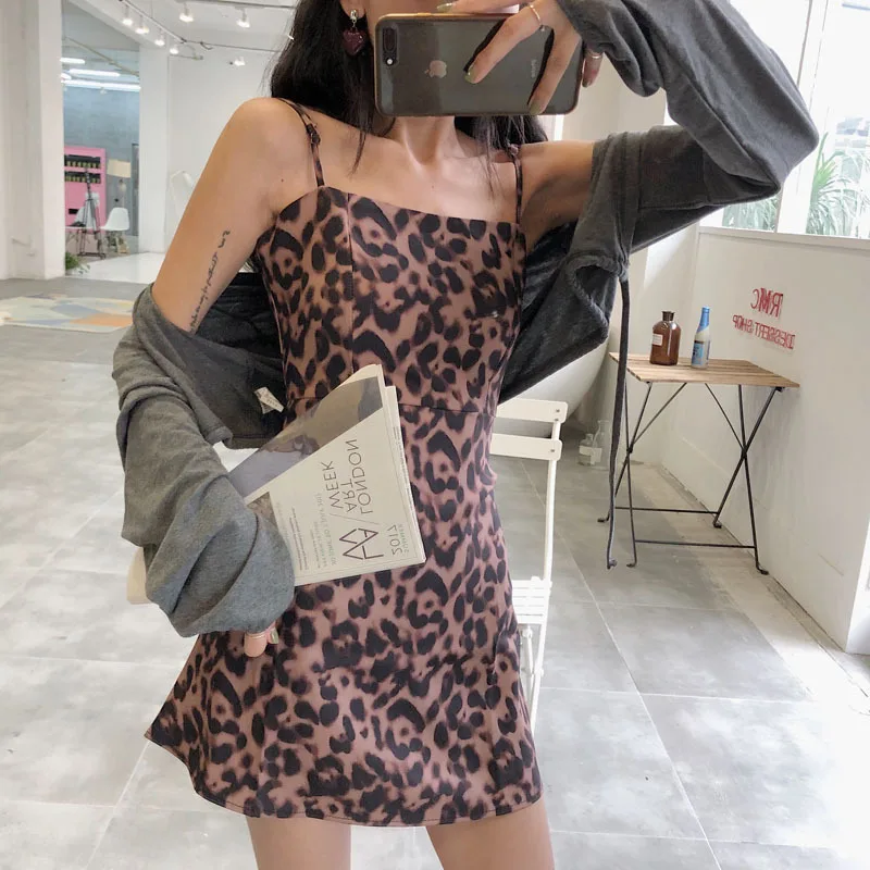 

2019 New Casual Slim Suspender Skirt High Waist Skirt Leopard Off-The-Shoulder Dress Women Clothing