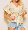 summer newest style v-neck tops tie front gingham blouse