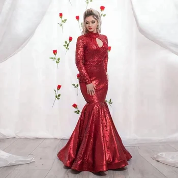 red long sleeve evening gown