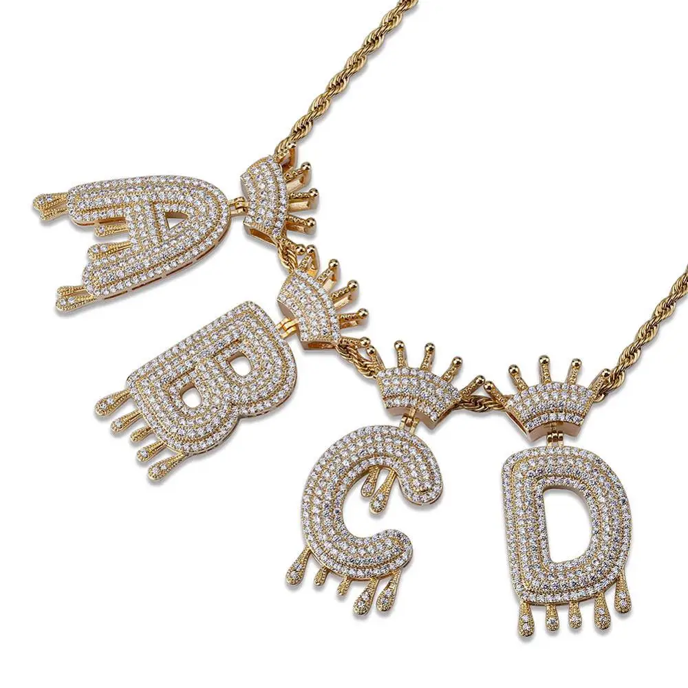 

Custom Name Crown Bail Drip Initials Bubble Letters Necklaces & Pendant For Men Women Cubic Zircon Hip Hop Jewelry (KHP064), As picture