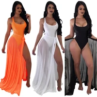 

New Women See Through Beach Dress Sexy Tulle Solid Color Two Pieces Set Swimwear