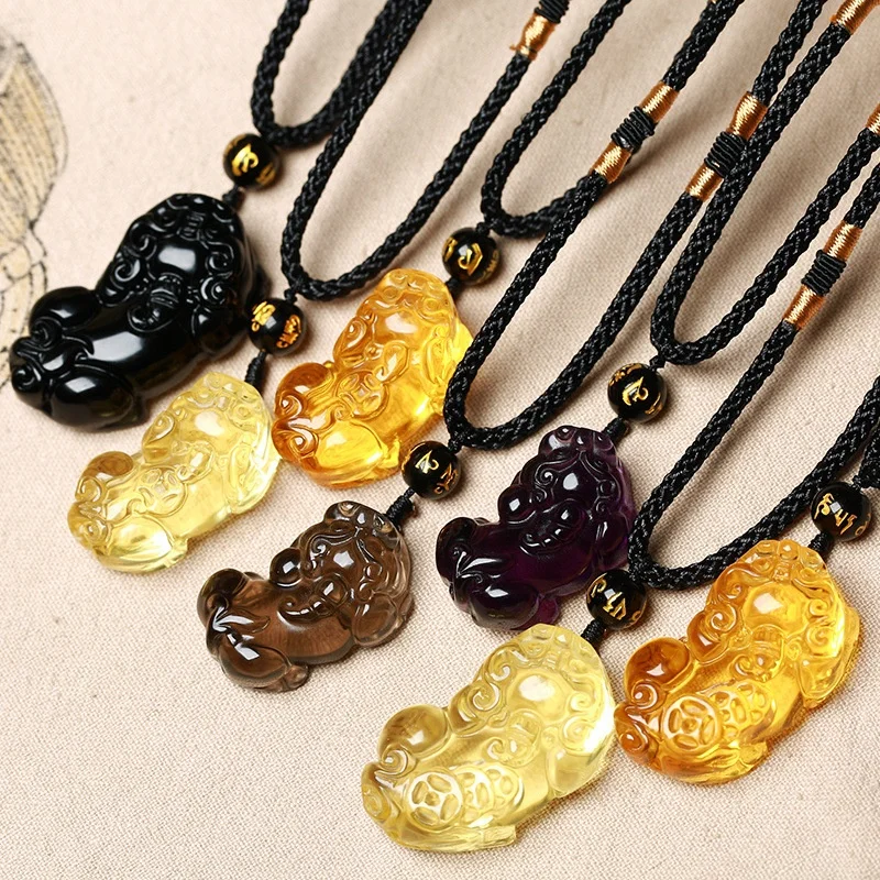 

J2751 Natural Crystal Citrine Amethyst Smoky Quartz Black Osidian Pixiu Pendant Necklace