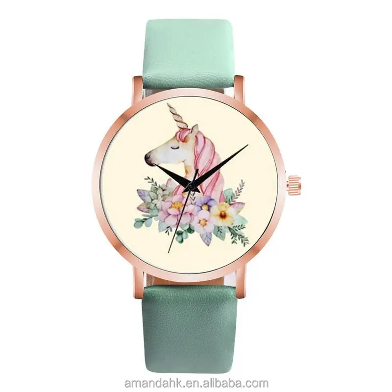 

Hot Sale Lady Watch Wholesale 5 Colors Rose Gold Unicorn Flower Leather Watch Alloy Wristwatch For Women Girls