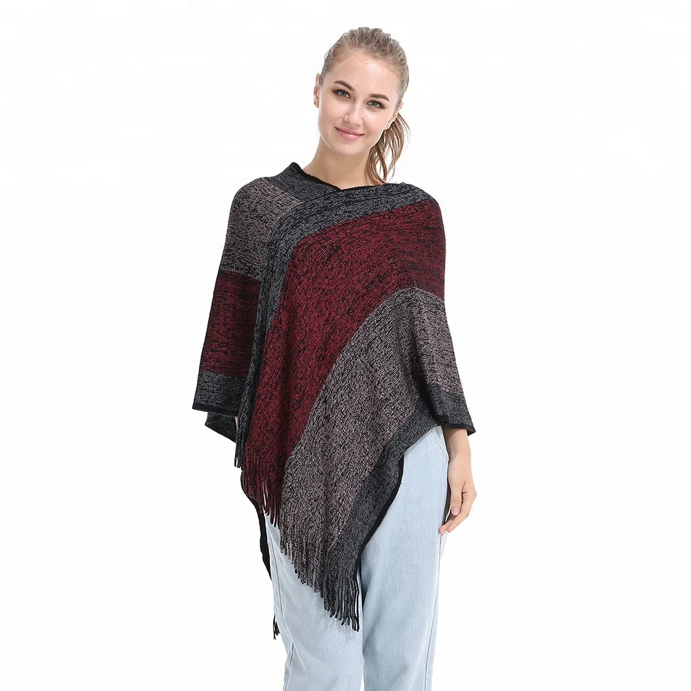 

Women Gradient Tassel Poncho Cape Shawls Batwing Knit Sweater Cloak, As photos