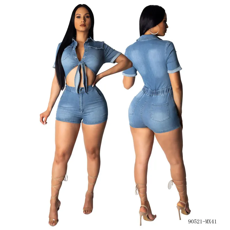 

90521-MX41 knot tops design women denim jeans short rompers