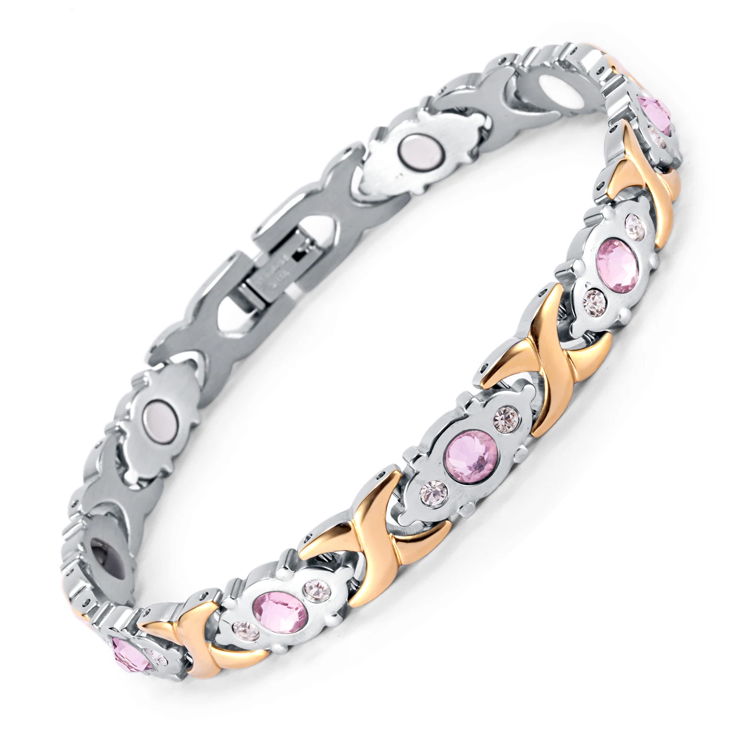 

RainSo Stock Women Pink Crystal Healing Magnetic Therapy Bracelet, Silver;gold and rose gold