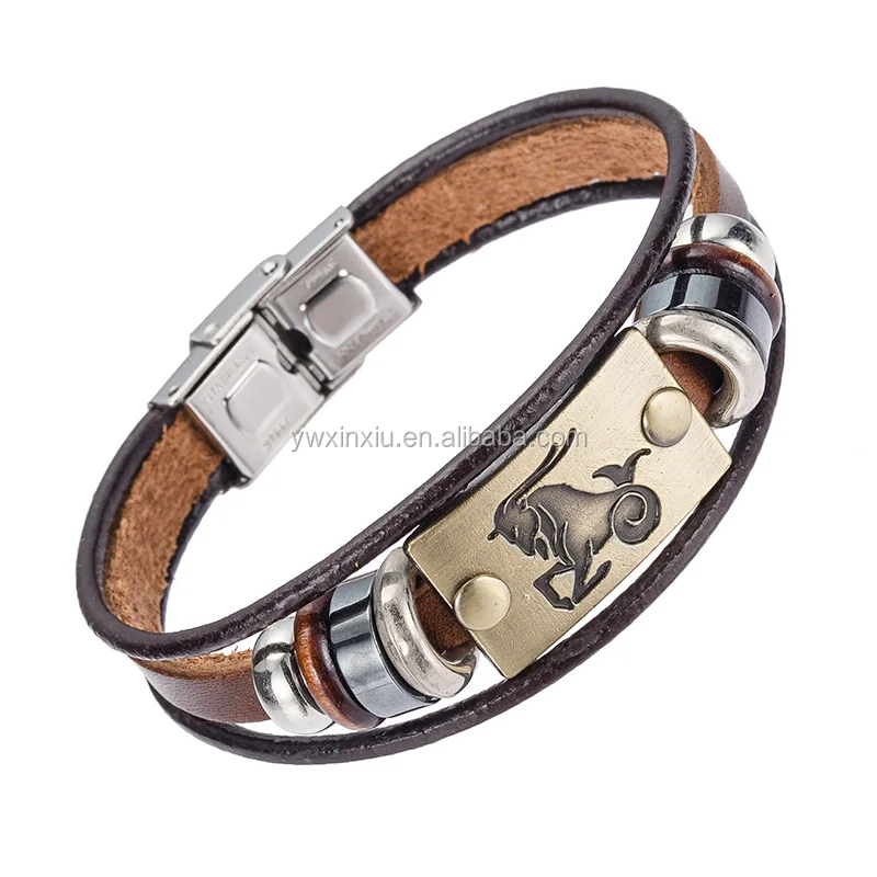 

Alibaba Hot Selling Europe Fashion 12 zodiac signs Bracelet With Stainless Steel Clasp Leather Bracelet for Men